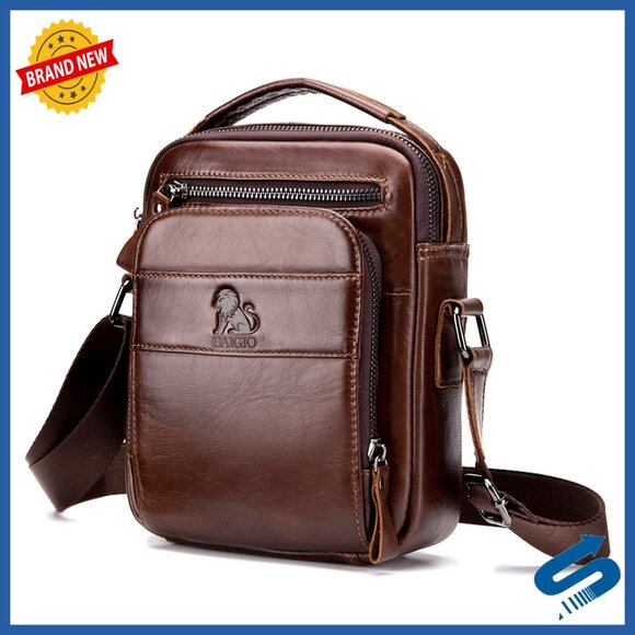 Genuine Leather Messenger Bag for Men Adjustable Strap Multiple Pockets